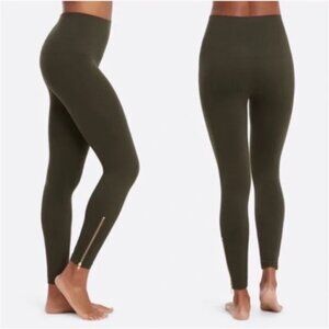 SPANX Seamless High Rise Leggings Ankle Zip Olive Green Gold Slimming 2X Women